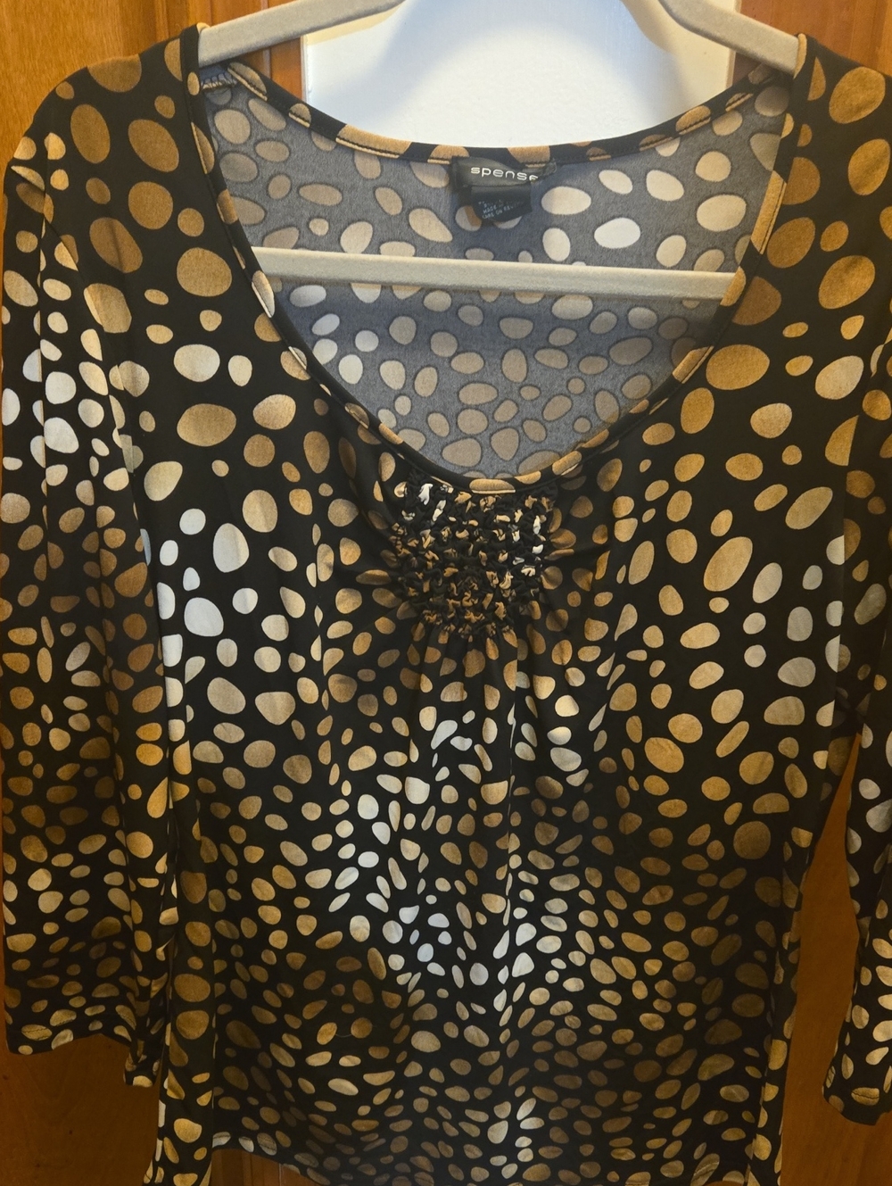 Spense Black Top with Gold and Cream Dot Print
